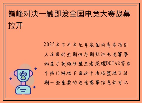 巅峰对决一触即发全国电竞大赛战幕拉开